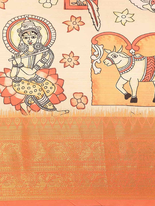 Peach Art Silk Printed Kalamkari Saree with Unstitched Blouse