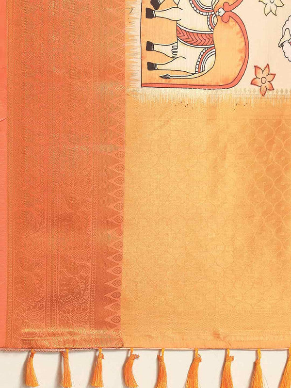 Peach Art Silk Printed Kalamkari Saree with Unstitched Blouse