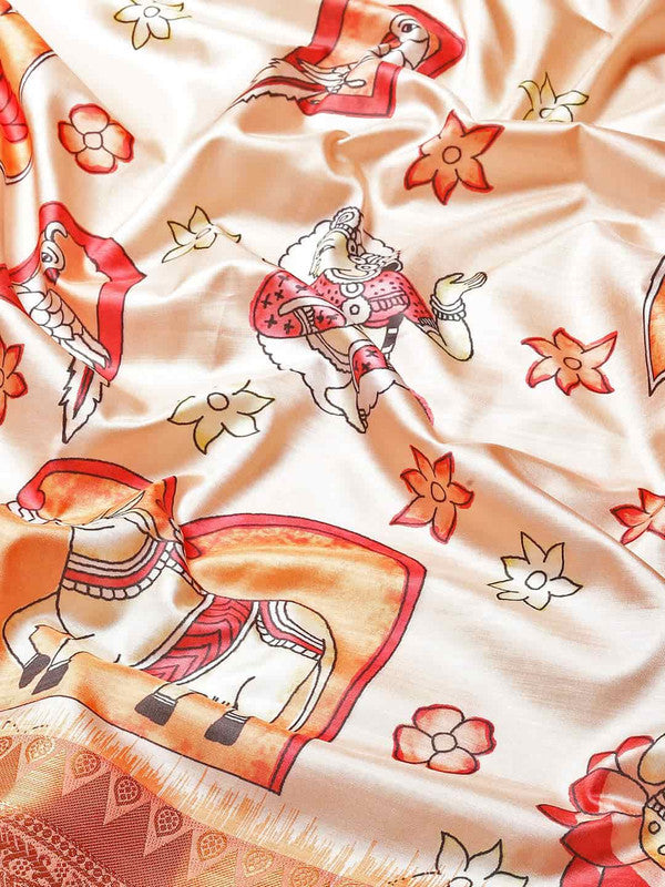 Peach Art Silk Printed Kalamkari Saree with Unstitched Blouse