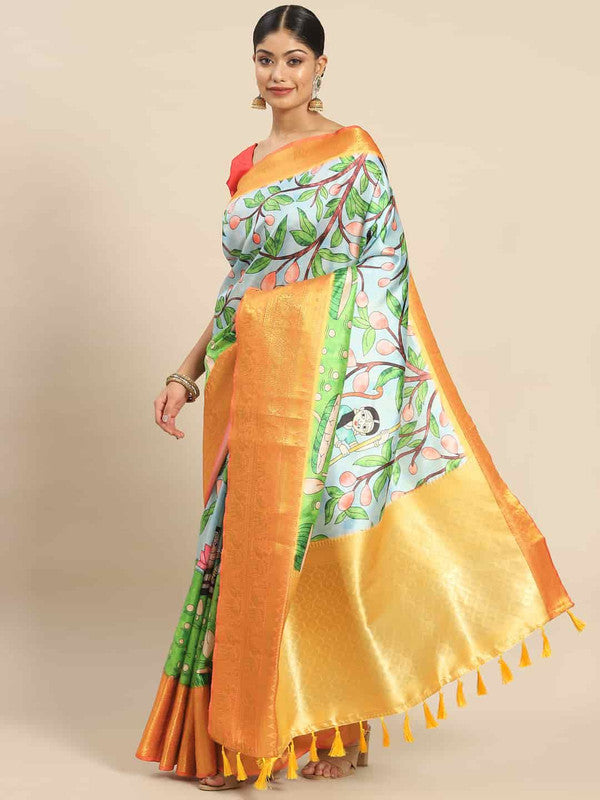 Elegant blue art silk saree with traditional Kalamkari print and matching unstitched blouse piece