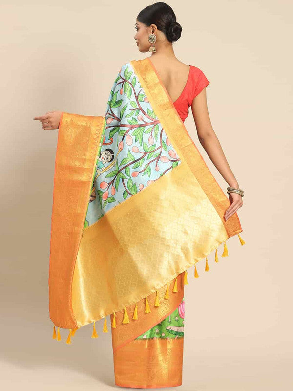 Blue Kalamkari Printed Art Silk Saree with Unstitched Blouse