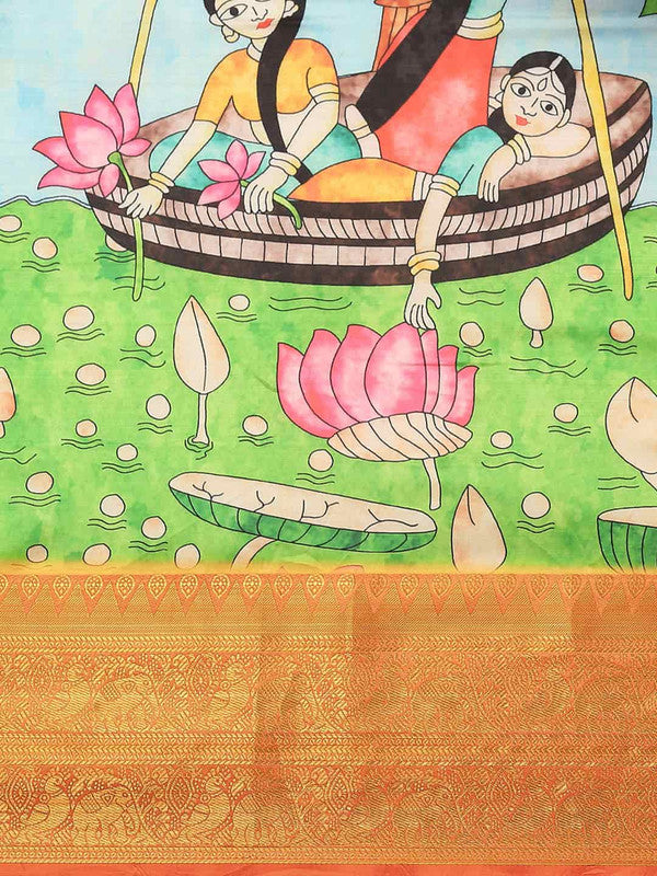 Blue Kalamkari Printed Art Silk Saree with Unstitched Blouse