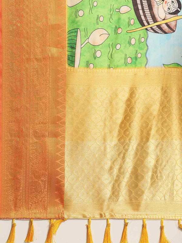 Blue Kalamkari Printed Art Silk Saree with Unstitched Blouse