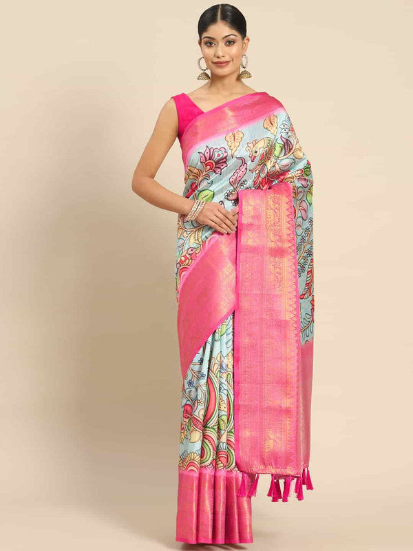 Blue Art Silk Kalamkari printed saree with matching unstitched blouse piece