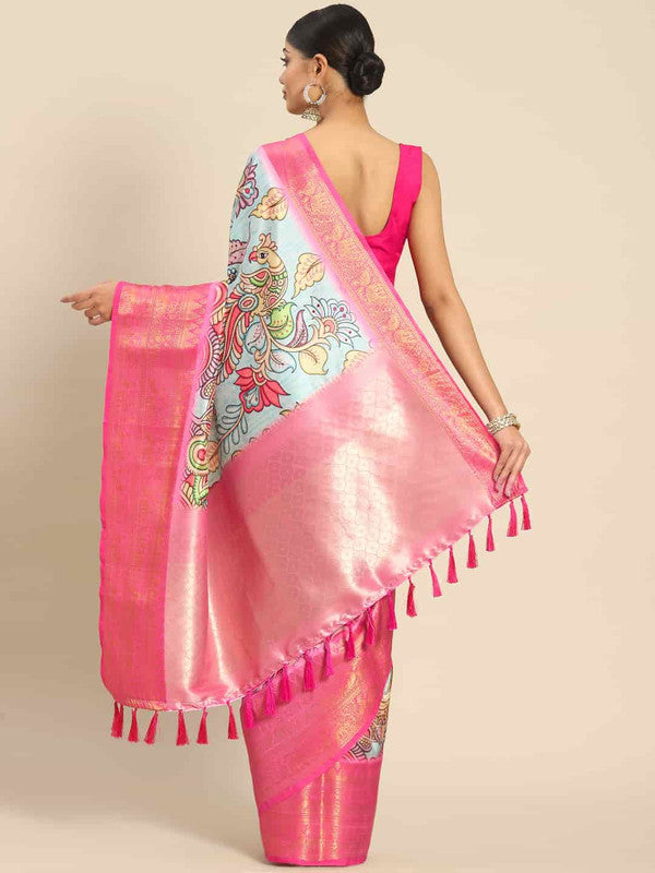 Blue Kalamkari Printed Art Silk Saree with Unstitched Blouse