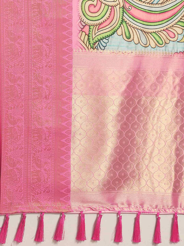 Blue Kalamkari Printed Art Silk Saree with Unstitched Blouse