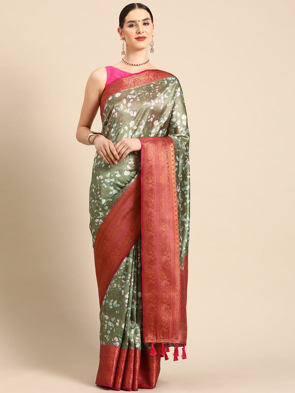 Olive pure silk saree with floral digital print and unstitched blouse