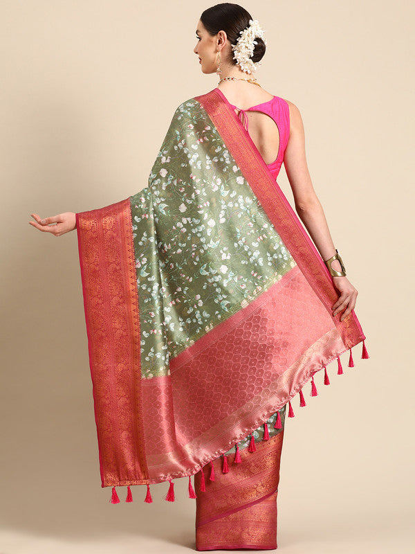 Olive Pure Silk Floral Digital Print Saree with Unstitched Blouse