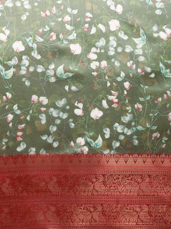 Olive Pure Silk Floral Digital Print Saree with Unstitched Blouse