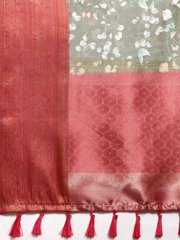 Olive Pure Silk Floral Digital Print Saree with Unstitched Blouse