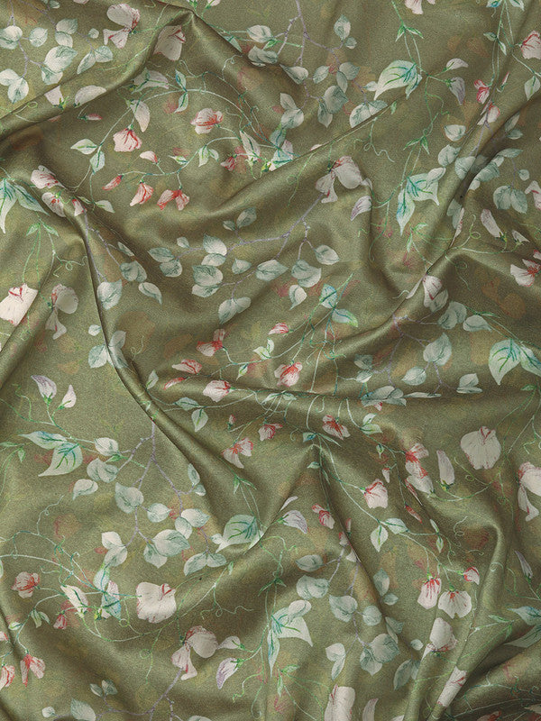 Olive Pure Silk Floral Digital Print Saree with Unstitched Blouse
