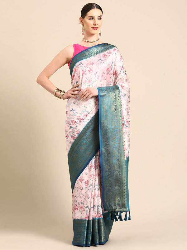 Light pink pure silk saree featuring digital floral prints with an attached unstitched blouse piece.