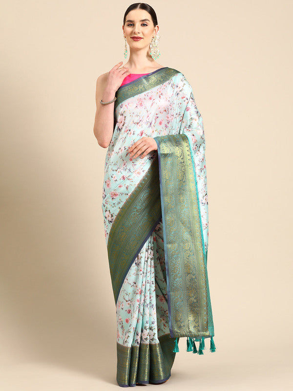 Green Pure Silk Saree with vibrant digital floral print and unstitched blouse