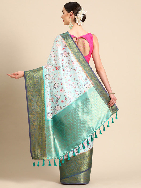 Green Pure Silk Digital Print Floral Saree with Blouse Piece