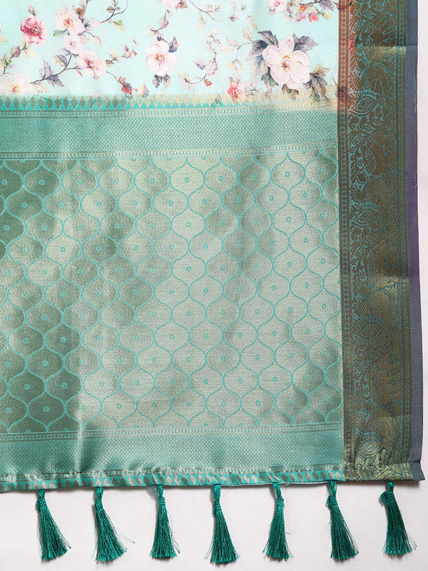 Green Pure Silk Digital Print Floral Saree with Blouse Piece