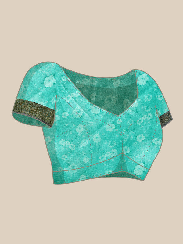 Green Pure Silk Digital Print Floral Saree with Blouse Piece