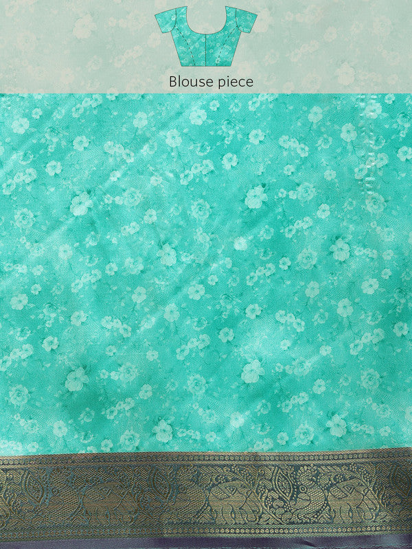 Green Pure Silk Digital Print Floral Saree with Blouse Piece