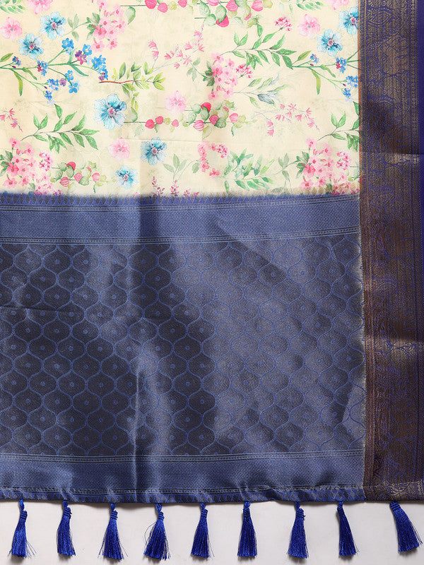 Multicolor Pure Silk Floral Saree with Unstitched Blouse Piece