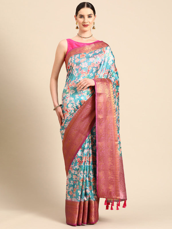 Turquoise pure silk saree with digital floral print and included blouse piece