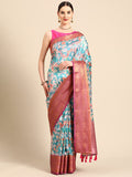 Turquoise pure silk saree with digital floral print and included blouse piece