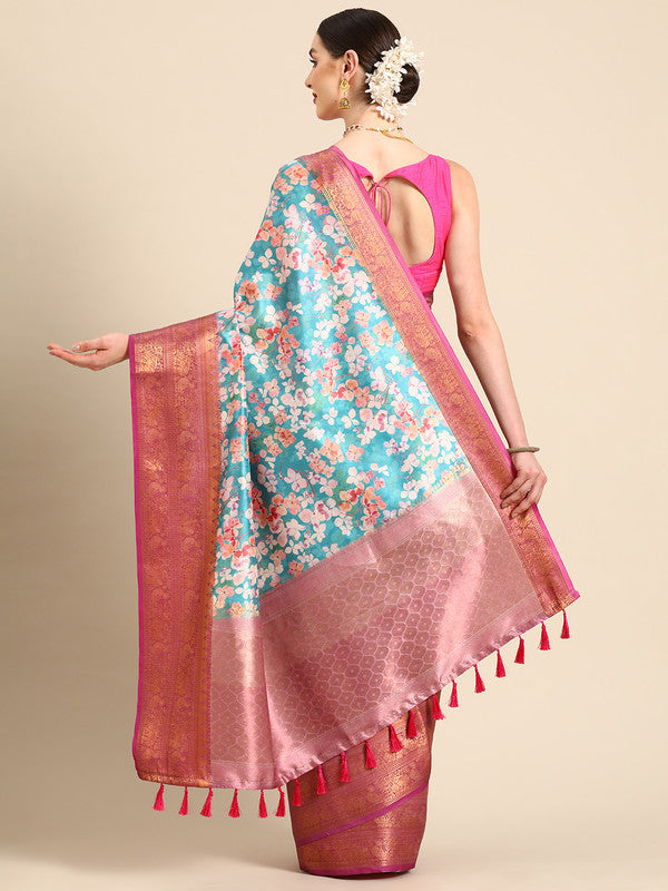 Turquoise Pure Silk Floral Saree with Digital Print and Blouse