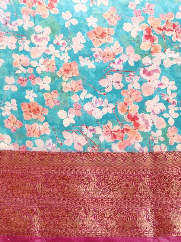 Turquoise Pure Silk Floral Saree with Digital Print and Blouse