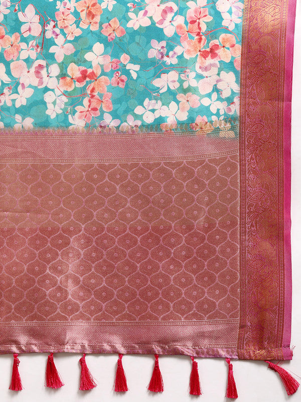 Turquoise Pure Silk Floral Saree with Digital Print and Blouse