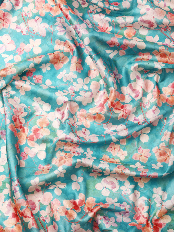 Turquoise Pure Silk Floral Saree with Digital Print and Blouse