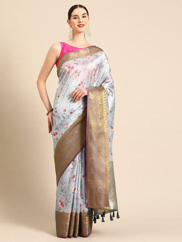 Elegant gray pure silk saree with digital floral print pattern