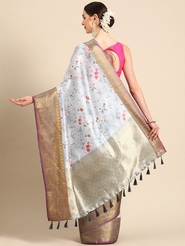 Gray Pure Silk Digital Print Floral Saree with Unstitched Blouse