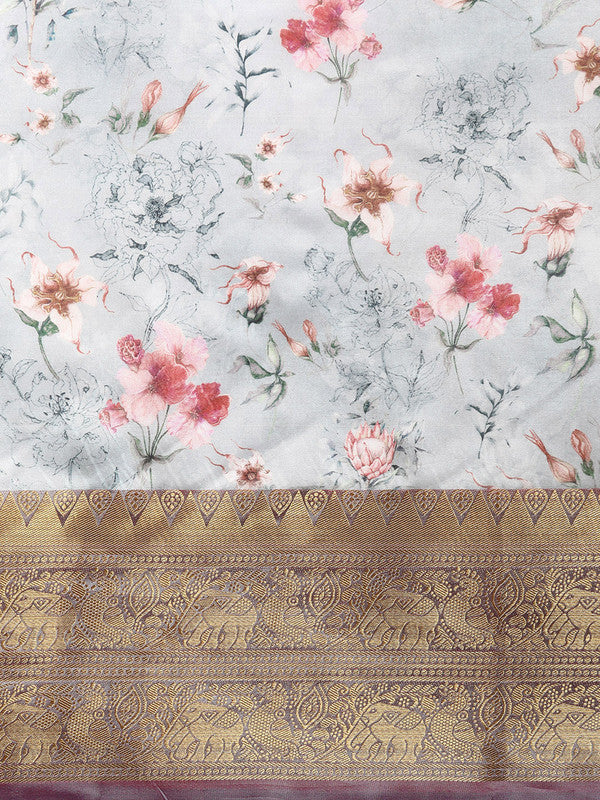 Gray Pure Silk Digital Print Floral Saree with Unstitched Blouse