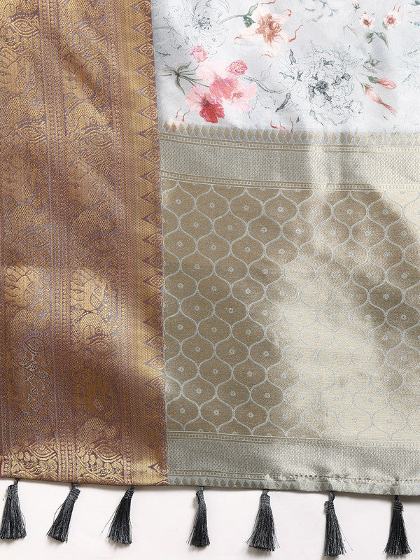 Gray Pure Silk Digital Print Floral Saree with Unstitched Blouse