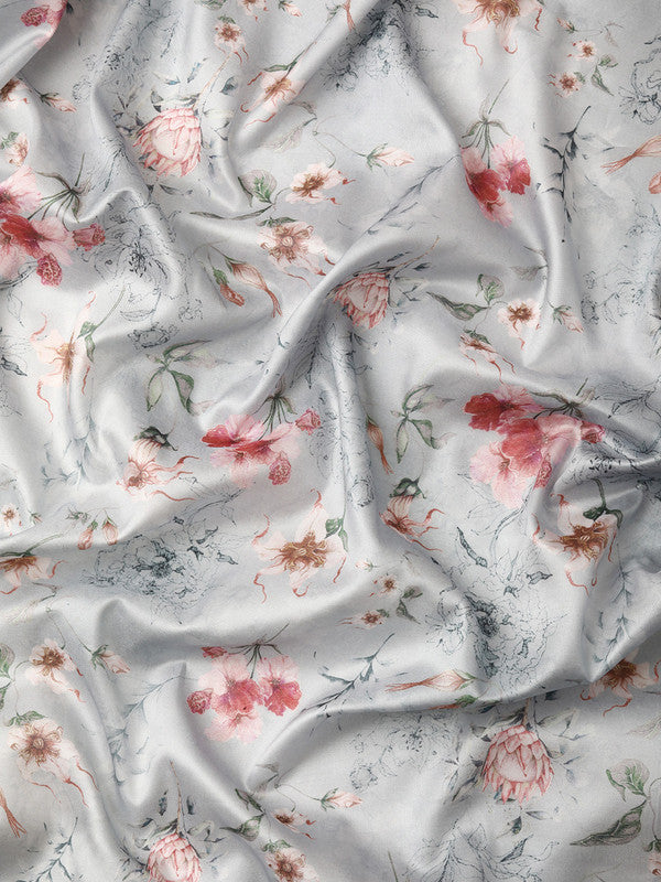 Gray Pure Silk Digital Print Floral Saree with Unstitched Blouse