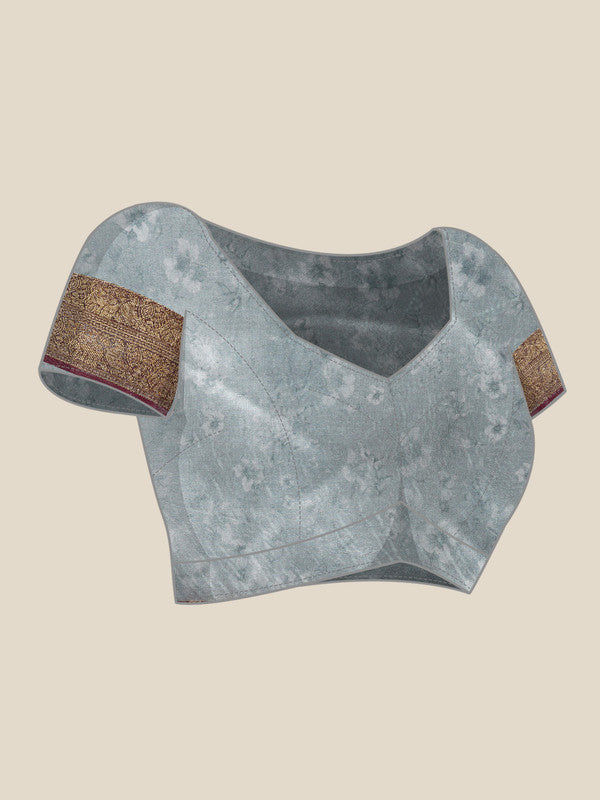 Gray Pure Silk Digital Print Floral Saree with Unstitched Blouse