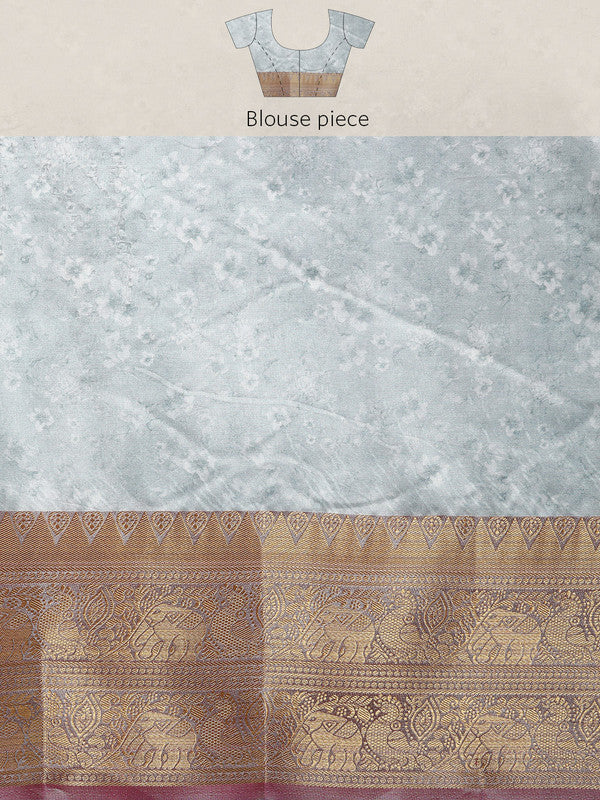 Gray Pure Silk Digital Print Floral Saree with Unstitched Blouse