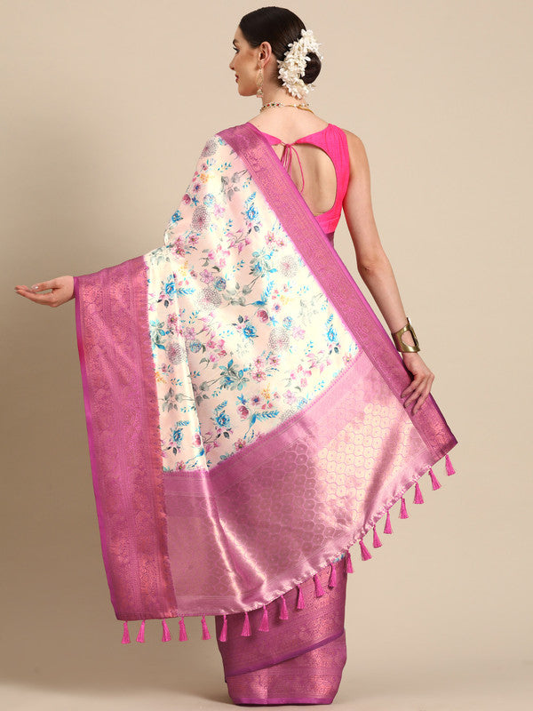 Off White Pure Silk Floral Digital Print Saree with Blouse