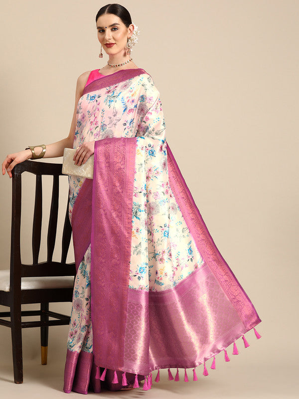 Off white pure silk saree with digital floral motifs and matching unstitched blouse fabric.