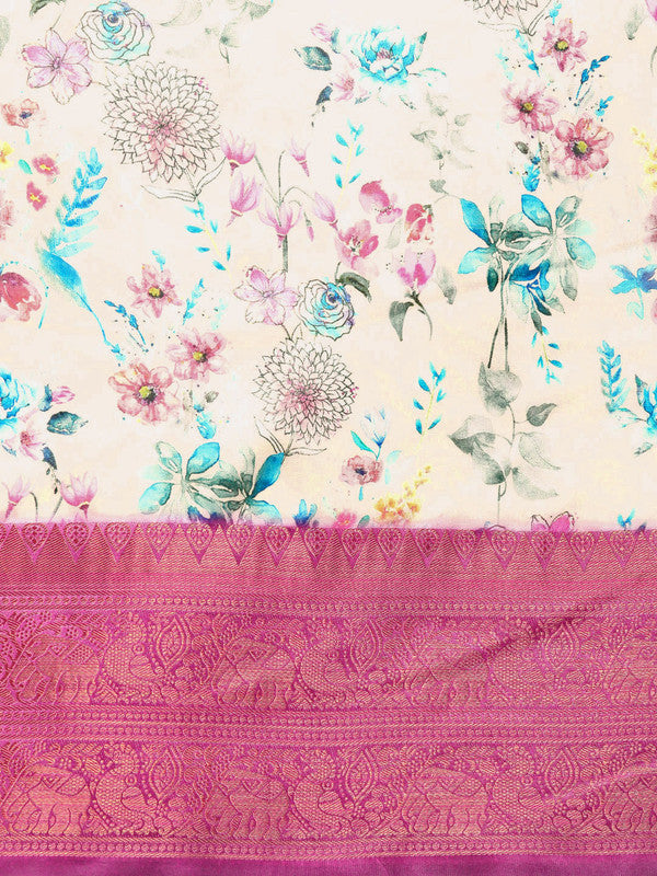 Off White Pure Silk Floral Digital Print Saree with Blouse