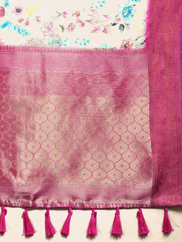 Off White Pure Silk Floral Digital Print Saree with Blouse