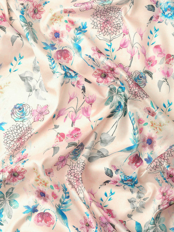 Off White Pure Silk Floral Digital Print Saree with Blouse