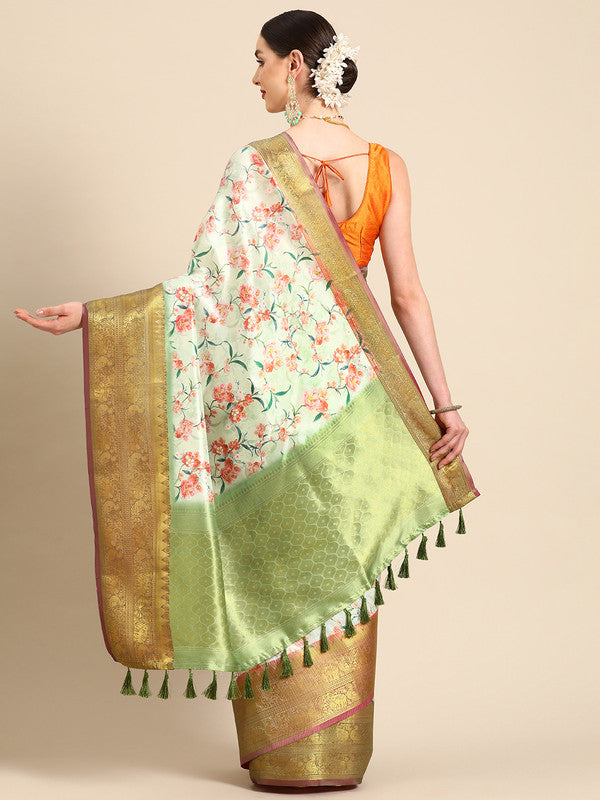 Green Pure Silk Floral Digital Print Saree with Unstitched Blouse