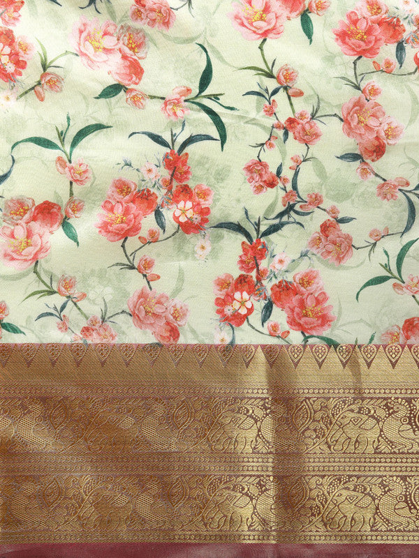 Green Pure Silk Floral Digital Print Saree with Unstitched Blouse