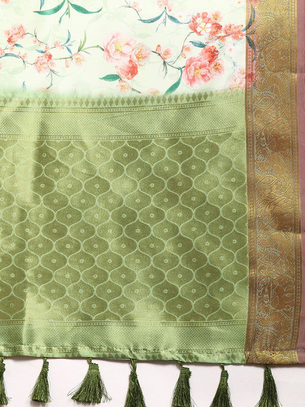 Green Pure Silk Floral Digital Print Saree with Unstitched Blouse