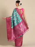 Turquoise pure silk saree with digital floral print pattern