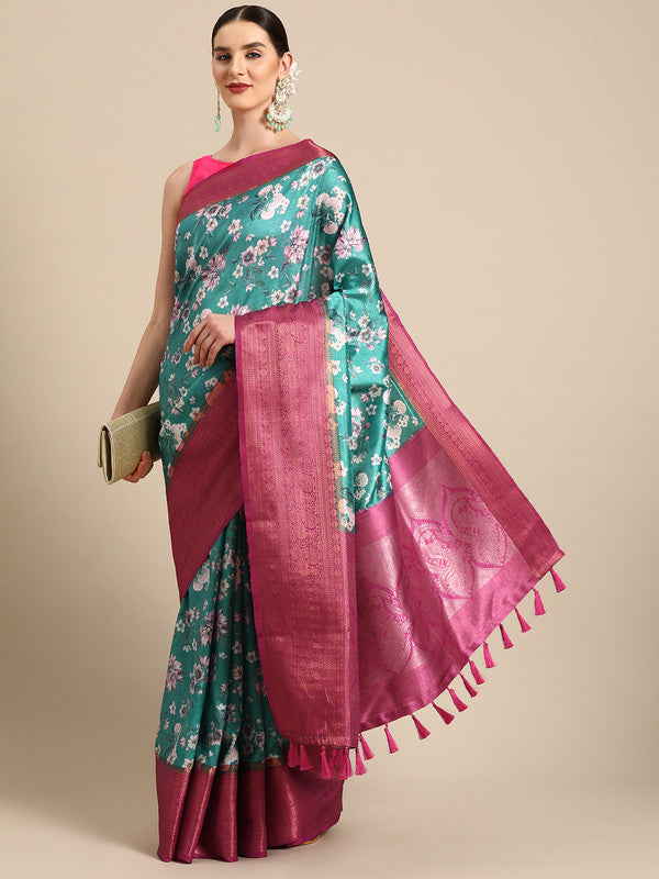 Turquoise Pure Silk Digital Print Floral Saree with Blouse