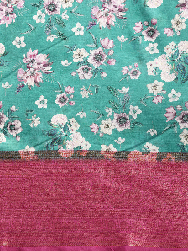 Turquoise Pure Silk Digital Print Floral Saree with Blouse