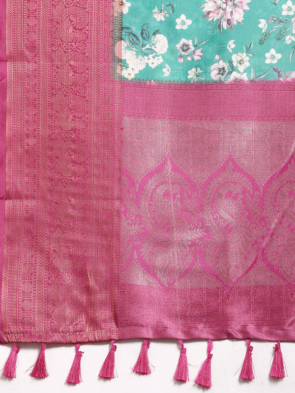 Turquoise Pure Silk Digital Print Floral Saree with Blouse