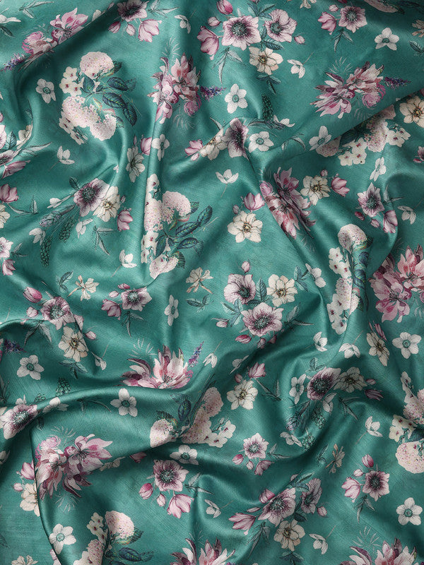 Turquoise Pure Silk Digital Print Floral Saree with Blouse