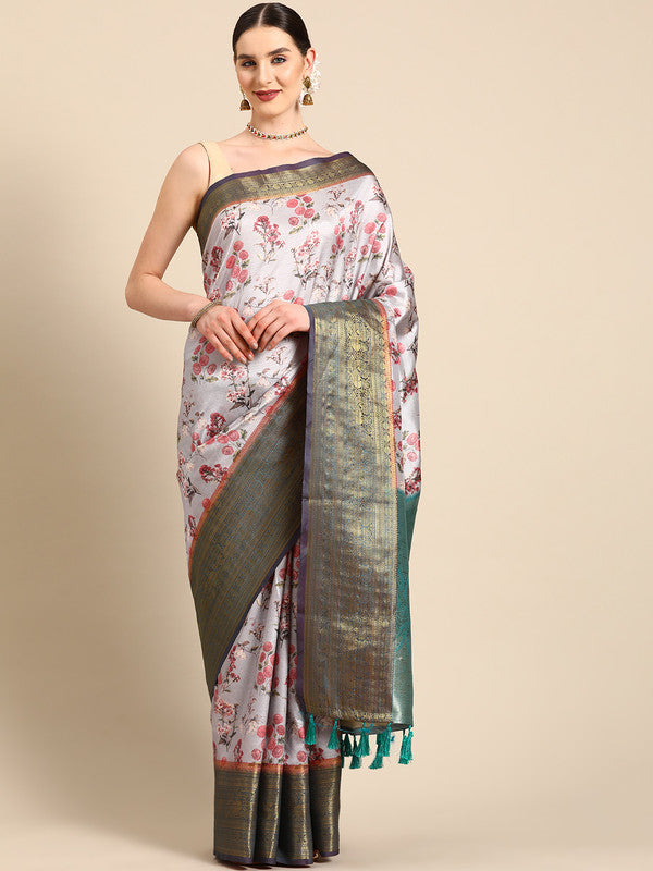 Gray Pure Silk saree with colorful digital floral print and unstitched blouse piece