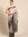 Gray Pure Silk saree with colorful digital floral print and unstitched blouse piece